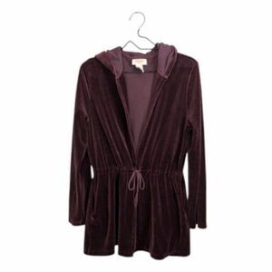 Talbots Velour Burgundy Drawstring Waist Hooded Jacket Pockets Open Front Soft L